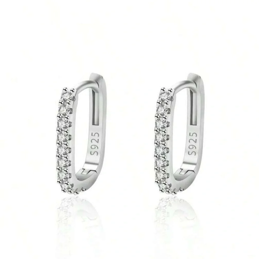 Sterling Silver Cubic Zirconia Rectangular Hoop Earrings